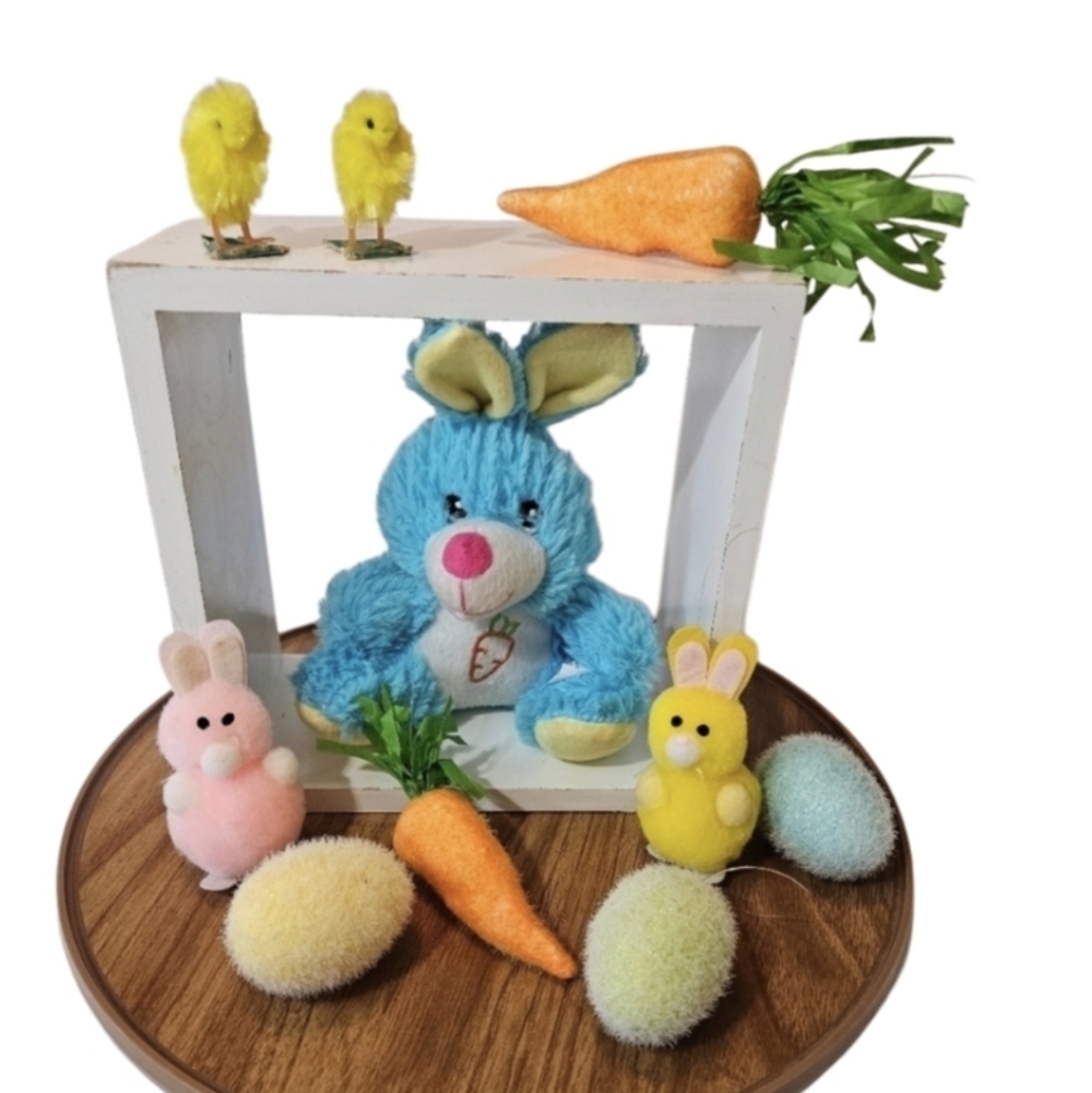 Hand Crafted handmade Easter decor set  rustic bunny eggs farmhouse holiday blue
